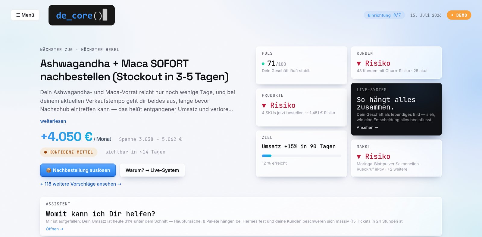 Echter Blick in de_core: Startseite mit dem Vorschlag des Tages, Betrag in Euro und Freigabe
